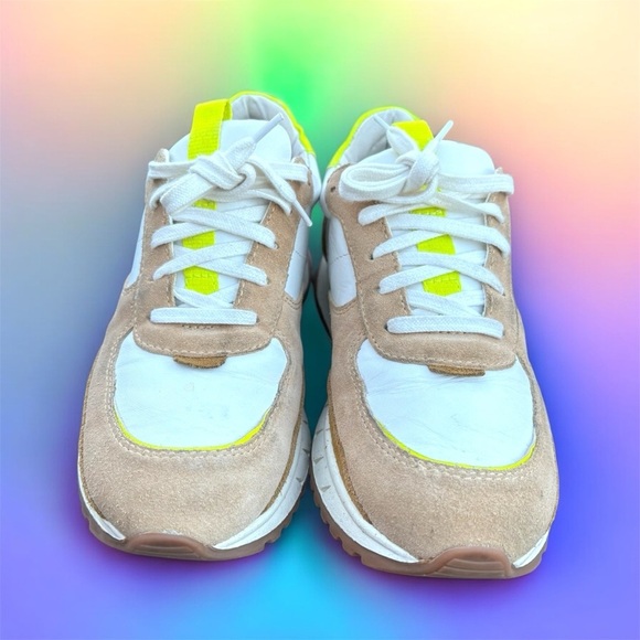 Madewell Womans Sneakers Leather 7.5 White Tan Neon Yellow Kickoff Trainers - Picture 2 of 12